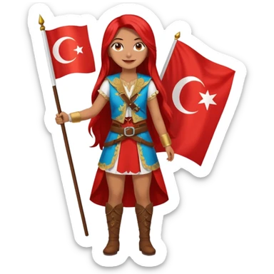 ultra sexy happy Turkish girl with Turkish flag in national outfit, full body, long bright hair sticker