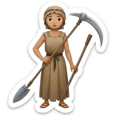 Emoji portrait of a Greek peasant. Rough chiton dress, holding a scythe, tired expression. sticker