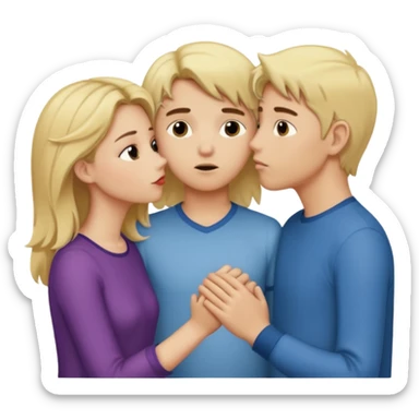 iOS emoji style, girl holding hands with one boy while kissing another boy, one boy blond, the other brunet, subtle suspicious expression sticker