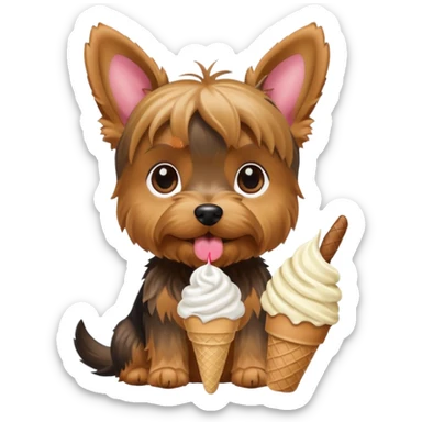 Dog yorkie, ears up, eating ice cream sticker