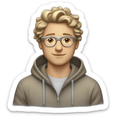 young white guy with wavy hair and a fade in light brown color and round silver color glasses with a grey hoodie on sticker