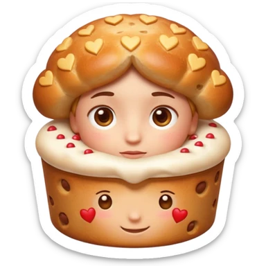 Apple-style emoji illustration of a cuteperson  with dreamy eyes thinking of a traditional panettone, small hearts floating around, soft 3D emoji style, smooth gradients, rounded shapes, warm festive colors, simple expression, centered composition, transparent background, no text. sticker