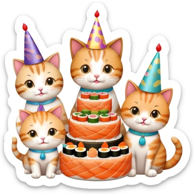 six cats celebrating one cat's birthday party, all cats holding pieces of sushi, birthday cake, party hats, and decorations sticker