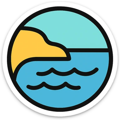 Enhance the sea icon by adding a visible coastline or land border, gentle waves, and lighter blue water. Maintain the circular shape with a medium black border, no frame, and white background in the color outline style. sticker