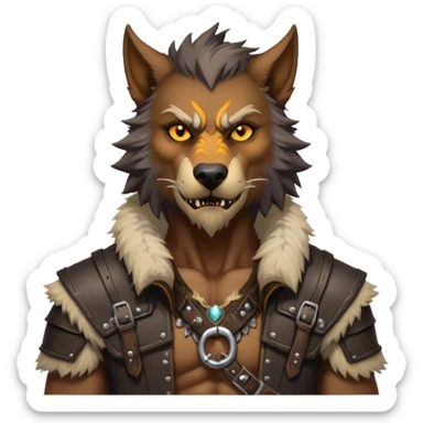 Cinematic Realistic WoW Worgen Portrait, head tilted epicly and inquisitively, showcasing the striking fusion of human intellect and beastly ferocity. His rugged fur and tanned skin, accented by piercing amber eyes and meticulously rendered worn leather garments, are bathed in dynamic lighting, high shine, epic and awe-inspiring, capturing the relentless spirit of a worgen at the apex of his power. sticker