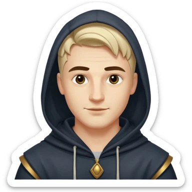 A handsome man with fair complexion. masculine, roman, slightly crooked nose. Thick triangular eyebrows. Hooded eyes and black pupils.  smily lips with a heavy top lid.  Jinu haircut sticker