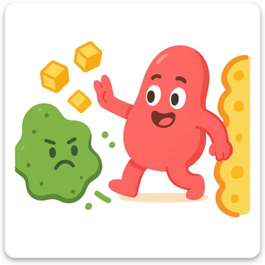 Ultra-detailed emoji-style illustration of enzyme digestion: Red amylase breaking green starch into sugars near a yellow cell membrane. Clean white background, no text. Scientific but simple, cartoon-exact shapes sticker