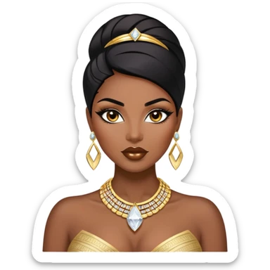 exotic African American woman with dark brown skin, straight black hair, glamorous makeup, gold jewelry, diamonds, curvy and confident, stylish and sexy sticker