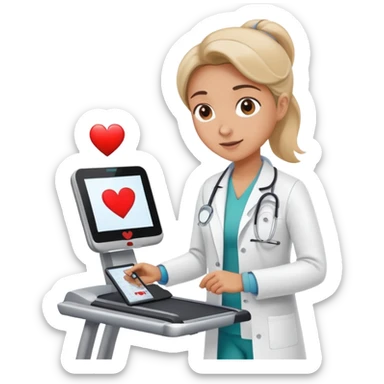 patient on a treadmill, doctor with clipboard supervising, heart monitor in background sticker
