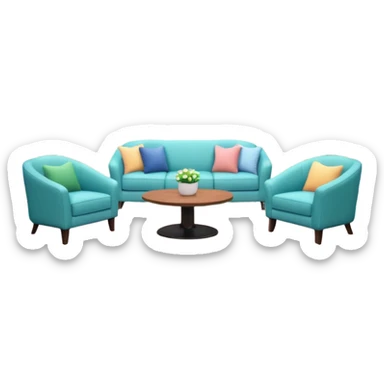 Morning entertainment TV studio, cozy talk show set with armchairs and couch with people, LED screen behind, warm pastel colors, green and blue lighting panels, festive decorations, friendly daytime TV atmosphere, realistic broadcast studio, no branding. sticker