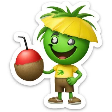"Create a fun emoji of a green coconut with a red straw on top. The coconut is wearing a yellow t-shirt and making a 'C' gesture with one hand and a 'thumbs up' with the other. The character should appear cheerful and inviting." sticker