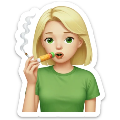 Disgusting blonde girl with food around her mouth. She looks incredibly tired while wearing green T-shirt smoking a cigarette eating a brown ice lolly.  sticker