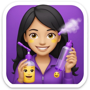a girl with beautiful black hair, smiling widely with visible yellow teeth, holding a fully purple thin spray bottle with the lid closed, Genmoji emoji style sticker