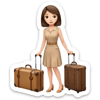 White woman in beige dress brunette with a suitcase LV sticker