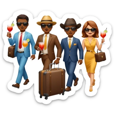 generate an emoji of a group of up to 8 male and female bulls travelling together on holidays. One bull has a suitcase, one has sunglasses, one is carrying a cocktail. They're all in motion, walking together sticker