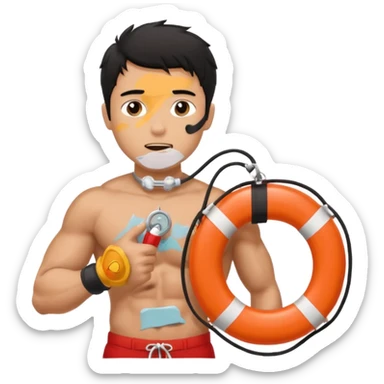 Shirtless Dark Tan Muscular lifeguard with messy black hair with whistle hand, life preserver sticker