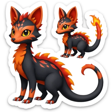 Rare realistic cute gothic Salandit-Litten-Quilava-Genet-species-Fakemon-hybrid-creature, with fiery markings, full body sticker