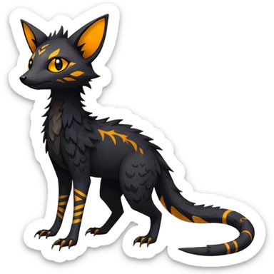 Rare realistic exotic edgy dark gothic gloomy spooky black and orange/yellow epic pretty beautiful handsome gorgeous aesthetic colorful vibrant Vernid-Trico-species-Fakemon-creature by LiLaiRa, 4 legs, 1 tail, random markings, (full body) sticker