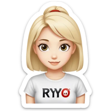 Beautiful girl smilling with big eyes and "ryu" written on tshirt sticker