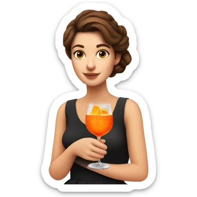Girl with brown hair up to the shoulders, white skin. She is drinking an aperol spritz sticker