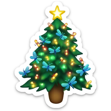 Christmas tree with colorful dragonflies as decorations lit up  sticker