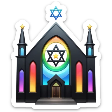 jewish synagogue temple in dark goth aesthetic style with black building and light rainbow tint glass windows and star of david and celestial symbolism sticker