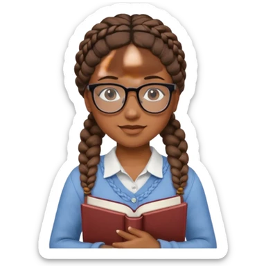 A student, girl, brown skin, braid hair, wearing glasses, hold book in front of their chest sticker