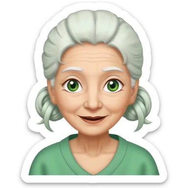 abuela con ojos verdes, pelo blanco, pelo blanco y amarrado, aspecto feliz sticker