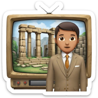 Icon for Documentary Film (TV style): A large TV screen with a host presenting in front of video footage showing ancient ruins. The design should evoke a vintage TV broadcast with historical content, complete with a clear view of the host and the ruins behind. Transparent background. sticker