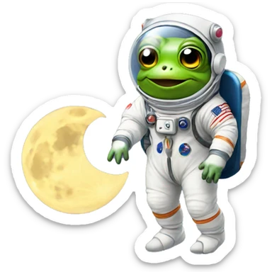 Frog wearing astronaut suit holding the moon sticker