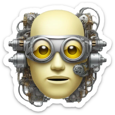 Pastel light yellow round male cyborg head with silver steampunk goggles, goatee and circuits sticker