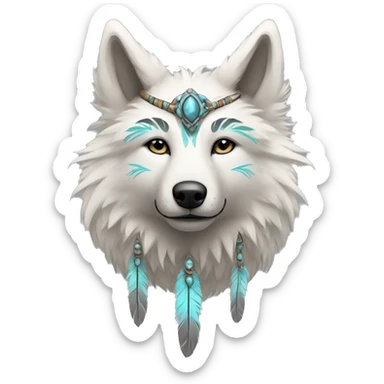 Fluffy Shy Spiritual Shamanic Wolf With Shiny Tribal Markings wearing feathers Full Body sticker