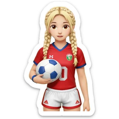 Chica de pelo rubio tirada en el suelo boca abajo agarrando un balón DE RUGBY con las manos vestida con una equipación de color rojo y blanco con líneas y con unas botas de tacos de fútbol, con un bucal en la boca y el pelo con trenzas, se la tienen que ver las 2 piernas  sticker