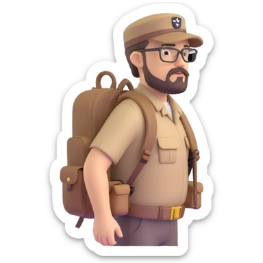 adventurer with goatee beard (no beard on cheeks), short hair, glasses, backwards military tan cap and backpack sticker
