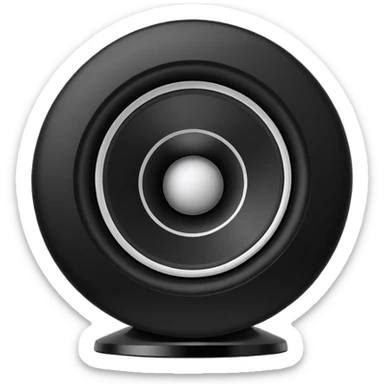 Single simple black desktop speaker, one round white cone with black center, boxy shape, clean white background, product photo. sticker