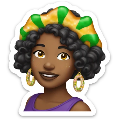 King cake earrings on girl with dark hair and freckles sticker