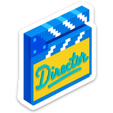 voxel style movie clapperboard with a cursive director's signature, isometric view sticker