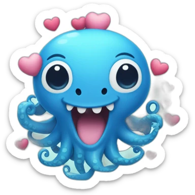 cute blue kraken with adorable face with many hearts around sticker