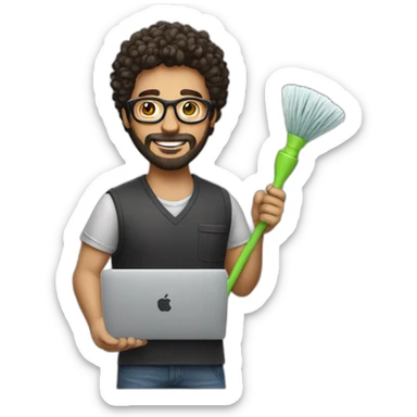 man with glasses and light stubble beard, dark hair, working on macbook and holding a cleaning mop on his hand sticker
