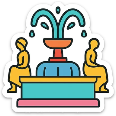 A colorful illustration of a fountain with statues, outlined in black sticker