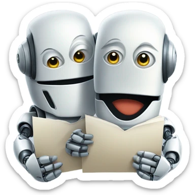 A robot with a mischievous smirk holding a secretive document, another robot with a neutral expression. sticker