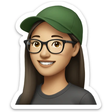 Hyper realistic, look from side, asian adult woman, light white skin, smiling with teeth, black eyes, spotted frame glasses, long light brown straight hair, black T-shirt, dark green cap. sticker