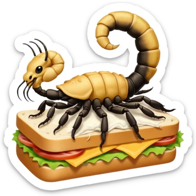 MAKE A SCORPION ON TOP OF A EHITE FLUFFY CLOUD THAT IS HOLDING A SANDWICH IN ITS CLAW AND LOOKING LIKE ITS EATING IT sticker