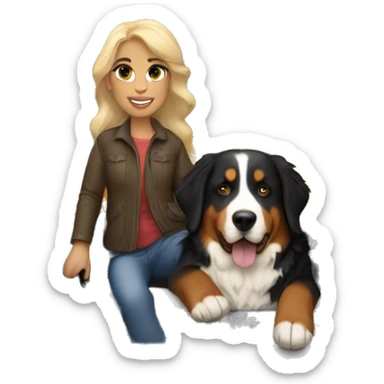 Light-haired, brown-eyed woman with Bernese Mountain Dog in a pickup truck sticker