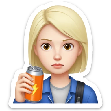 student holding energy drink can, tired face sticker