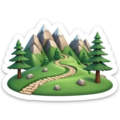 A 3D cartoon mountain trail winding up green slopes with stones and pine trees, distant peaks in background, warm daylight, Memoji-style.A 3D cartoon coiled climbing rope with a carabiner, golden color, resting on a rocky surface, realistic soft shadows, Memoji-style rendering. sticker