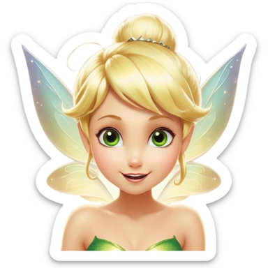 Cinematic Realistic Blonde Tinker Bell Fairy Portrait, head tilted dramatically with an exaggeratedly amused expression, featuring a striking, lively pixie form with radiant golden blonde hair and luminous, iridescent wings dusted with playful sparkles. Her expressive eyes brim with cheeky mischief, rendered with vibrant, lifelike textures and dynamic natural lighting that imbues the scene with an air of magical whimsy and over‐the‐top fairy fun. sticker