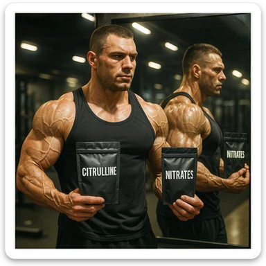 realistic bodybuilder in front of gym mirror, veins visible on arms and shoulders, holding Citrulline and Nitrates packages, reflection emphasizing vasodilation, intense light, motivating atmosphere, detailed sticker