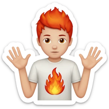 A boy with no hands fire instead made out of red fire and the boy is wearing a shirt that says FIRE CREATOR  sticker