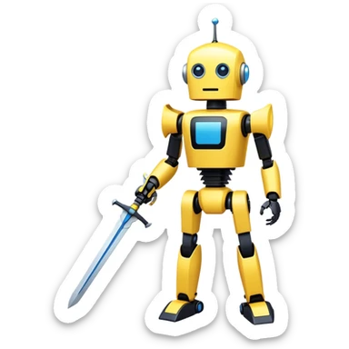 a tall yellow and black robot with an elongated rectangular head and two blue eyes at the top and bottom. also armed with a yellow sword sticker